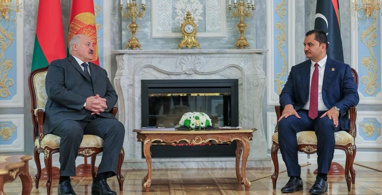 Lieutenant General “Saddam Haftar,” Deputy Commander-in-Chief of the Armed Forces, meets with the President of the Republic of Belarus, “Alexander Lukashenko,” at the Presidential Palace in the capital, Minsk, during his official visit to the country.