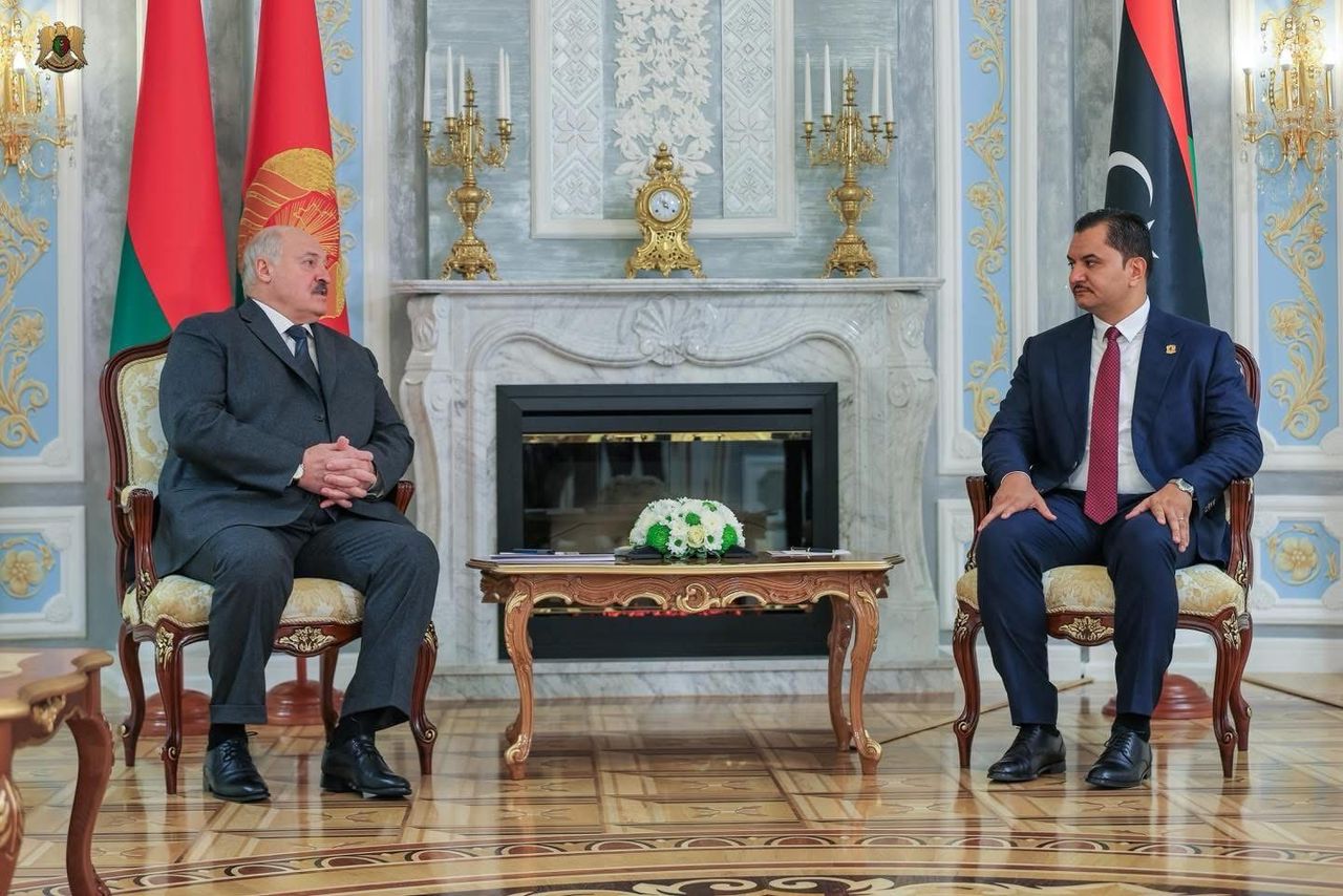 Lieutenant General “Saddam Haftar,” Deputy Commander-in-Chief of the Armed Forces, meets with the President of the Republic of Belarus, “Alexander Lukashenko,” at the Presidential Palace in the capital, Minsk, during his official visit to the country.
